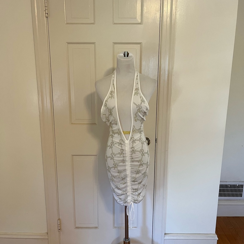Akira Sheer Deep V Dollar Sign Rhinestone Ruched Cover Up Sz S